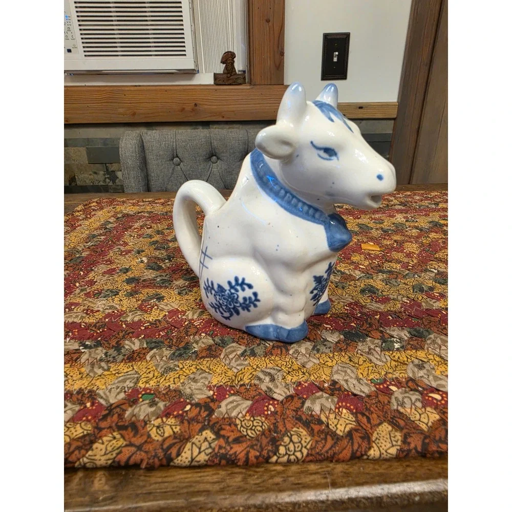 Vintage Blue and White Ceramic Cow Creamer Delft Style Farmhouse Pitcher 5 Inch